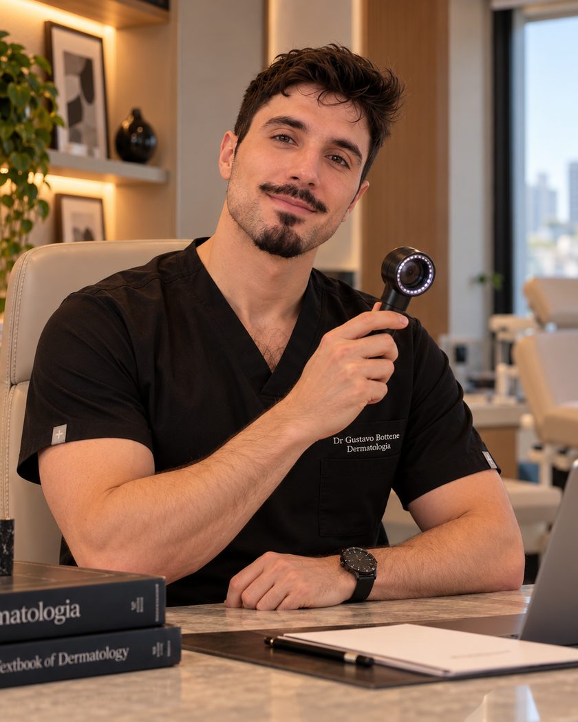 Dr. Gustavo Bottene Ribolli com dermatoscópio no consultório em Porto Alegre